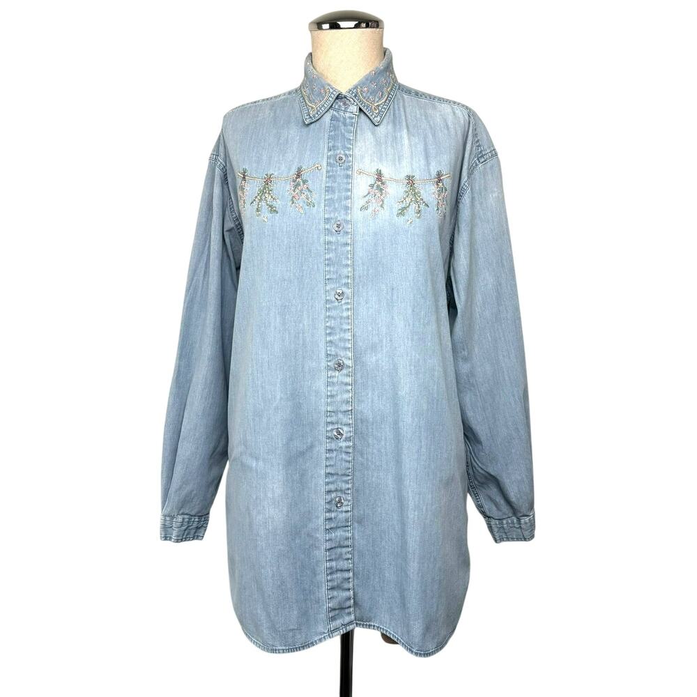 Northern Treasures Floral Embroidered Denim Shirt Tunic Vintage XS Cottagecore